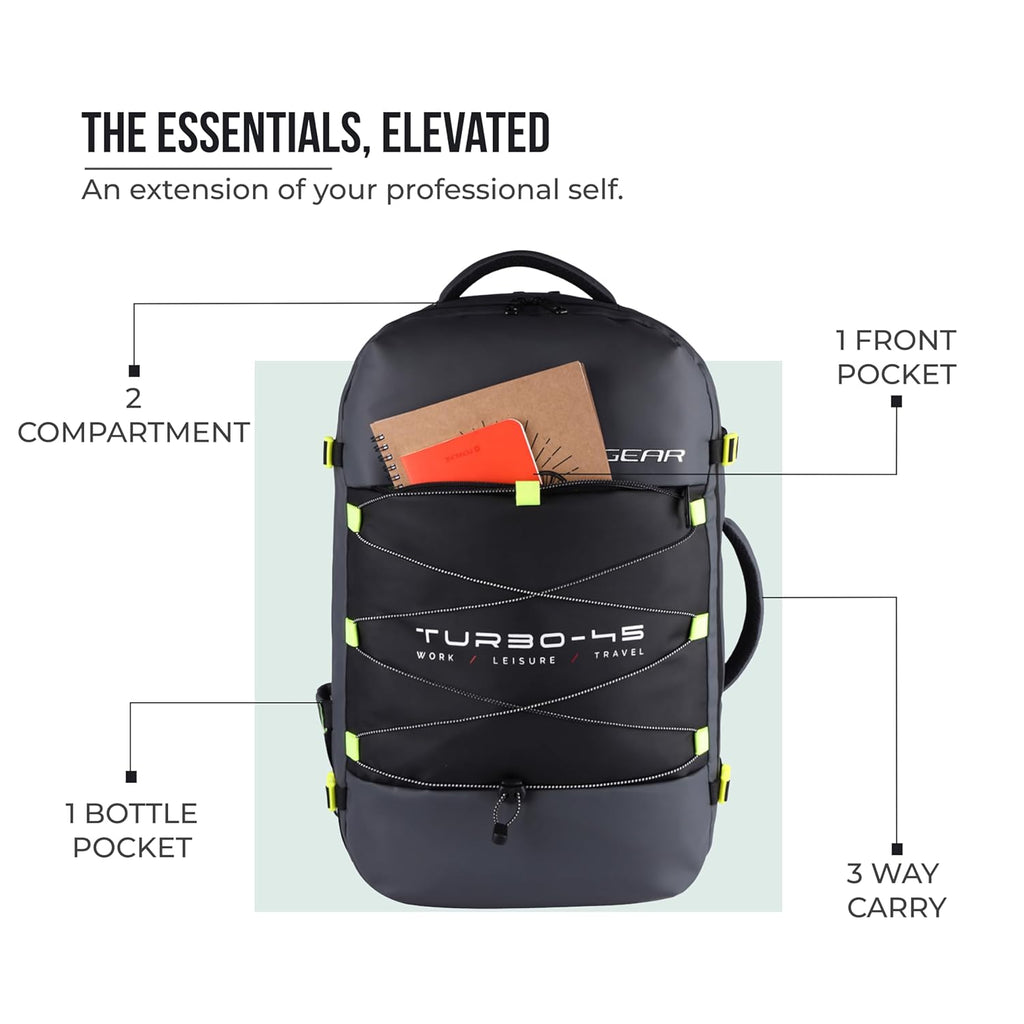 Gear Turbo 21"/45L  Anti theft Laptop Backpack with Raincover | Backpack |Briefcase | Travel Bag For Men/Women (Black - Grey)