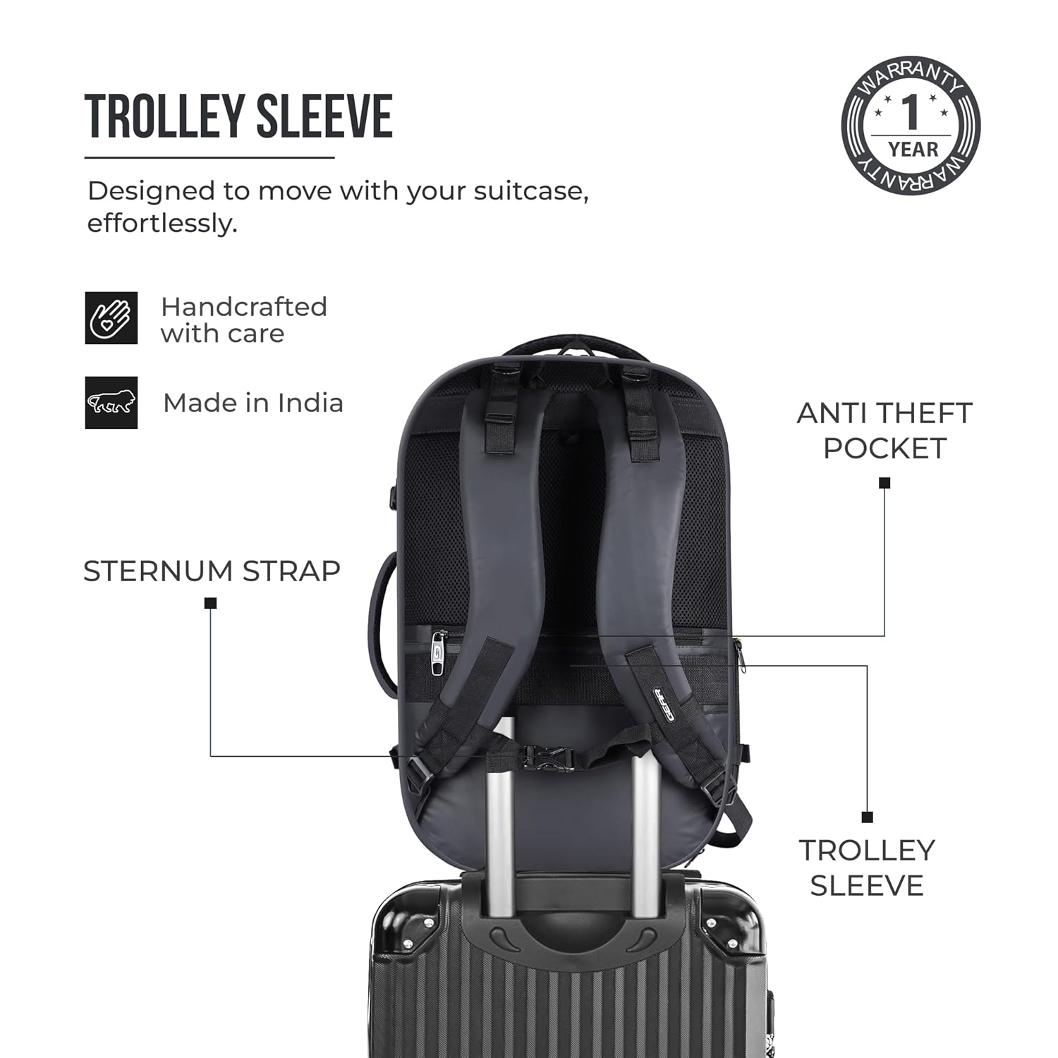 Gear Turbo 21"/45L Large Anti theft Laptop Backpack with Raincover | Backpack | Briefcase | Travel Bag For Men/Women (Black - Grey)