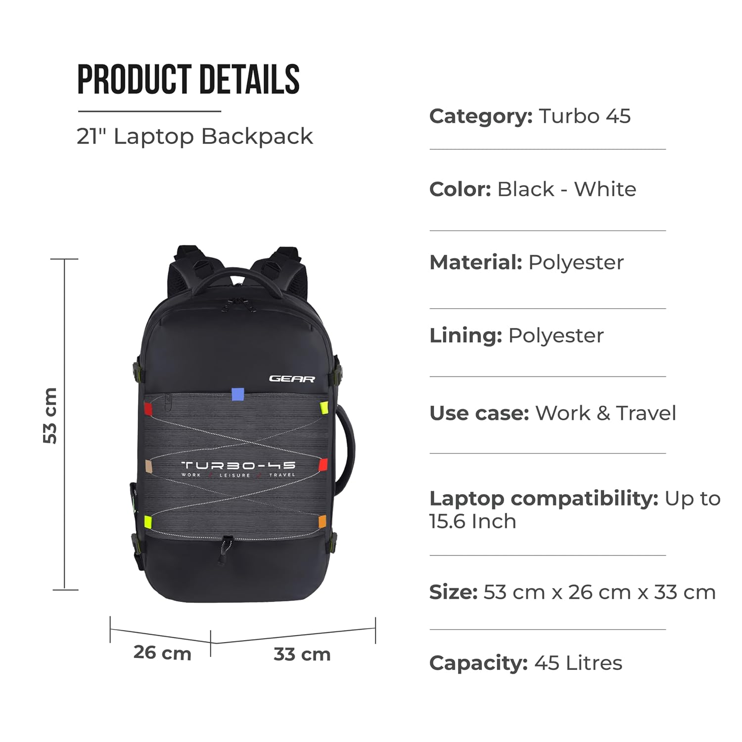 Gear Turbo 21"/45L Large Anti theft Laptop Backpack with Raincover | Backpack | Briefcase | Travel Bag For Men/Women (Black - Grey)