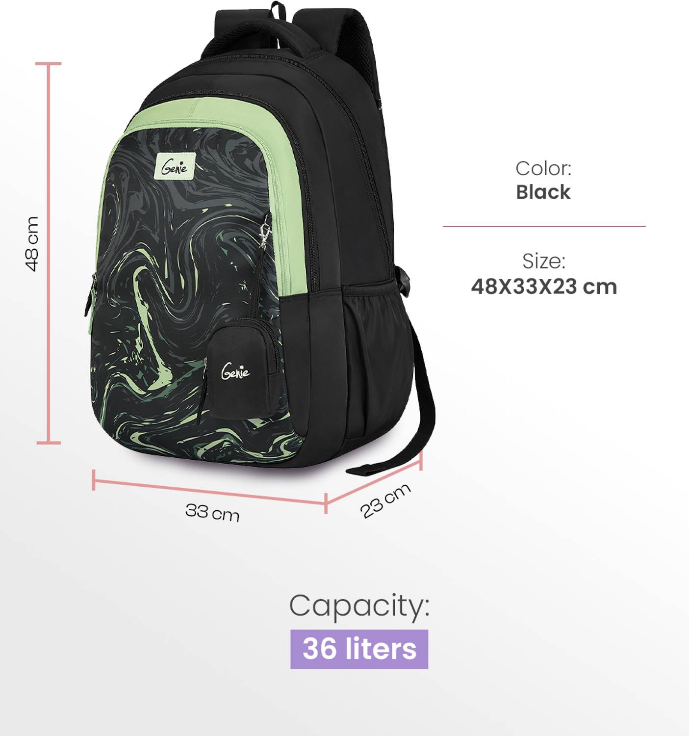 Genie 36 L Aqualit Backpack For Girls |19 Inch - Black