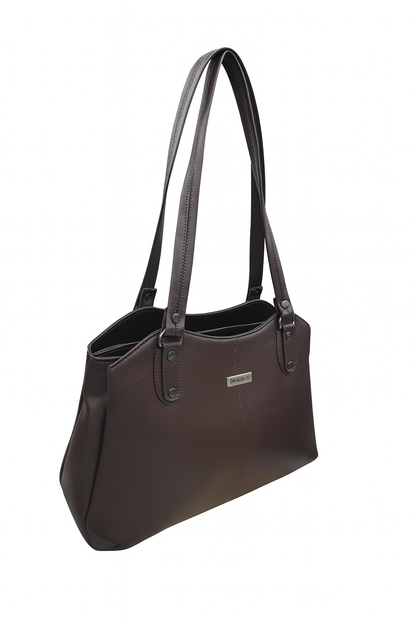 Dhariwal LAB-9917  Women’s Dark Brown Handbag – 3 Compartments with 2-in-1 Center Pocket, Back Chain Pocket, Twin Handles, Premium PU Leather-Dark Brown