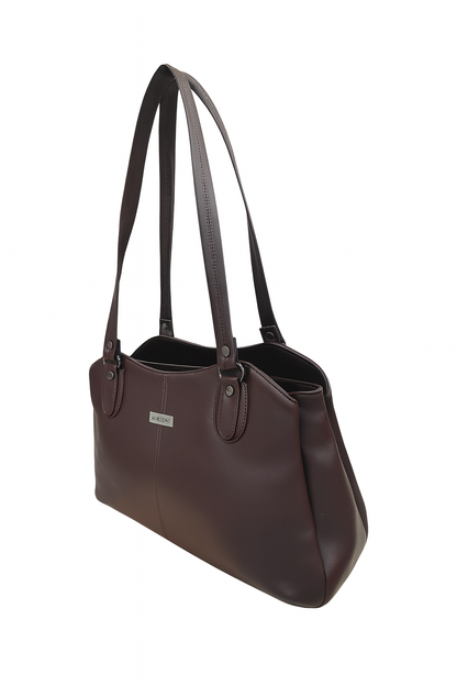 Dhariwal LAB-9917  Women’s Dark Brown Handbag – 3 Compartments with 2-in-1 Center Pocket, Back Chain Pocket, Twin Handles, Premium PU Leather-Dark Brown