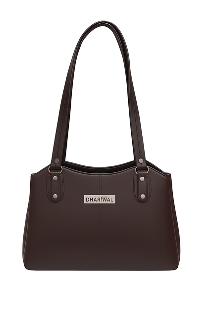 Dhariwal LAB-9917  Women’s Dark Brown Handbag – 3 Compartments with 2-in-1 Center Pocket, Back Chain Pocket, Twin Handles, Premium PU Leather-Dark Brown
