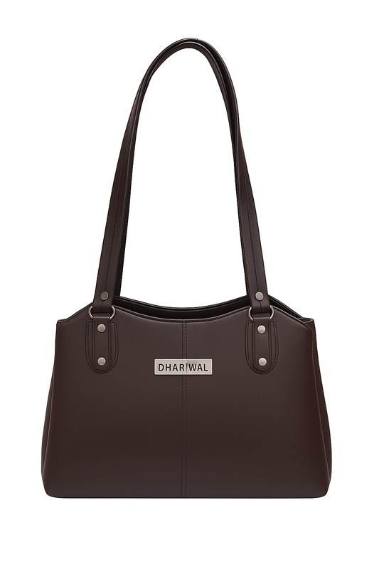 Dhariwal LAB-9917  Women’s Dark Brown Handbag – 3 Compartments with 2-in-1 Center Pocket, Back Chain Pocket, Twin Handles, Premium PU Leather-Dark Brown