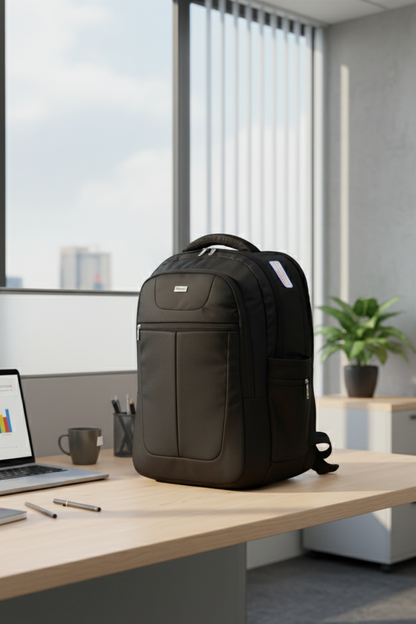 Black backpack on a desk in an office setting with a laptop and office supplies.