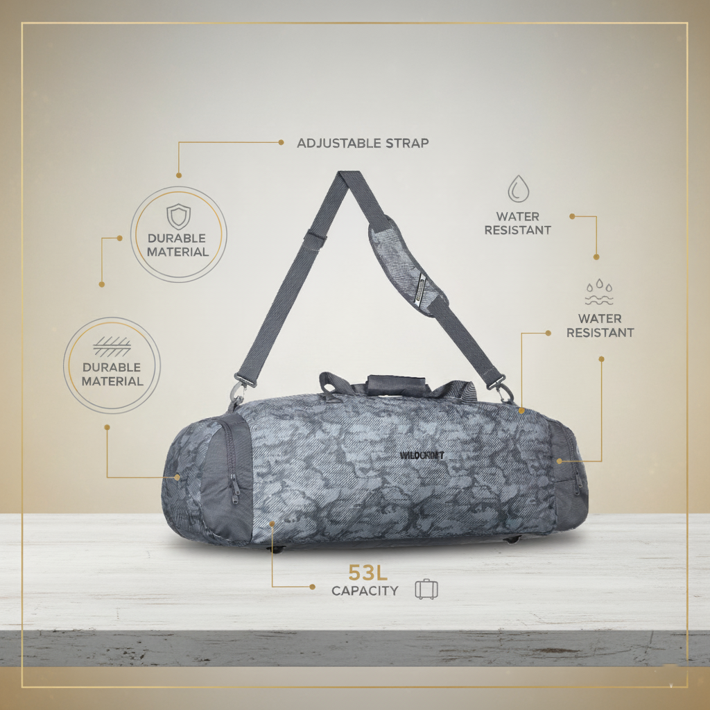Wildcraft Duffle Bag, 53L Sleek Large Capacity Duffel | Sports, Gym, Trekking & Travel Bag For Men&Women