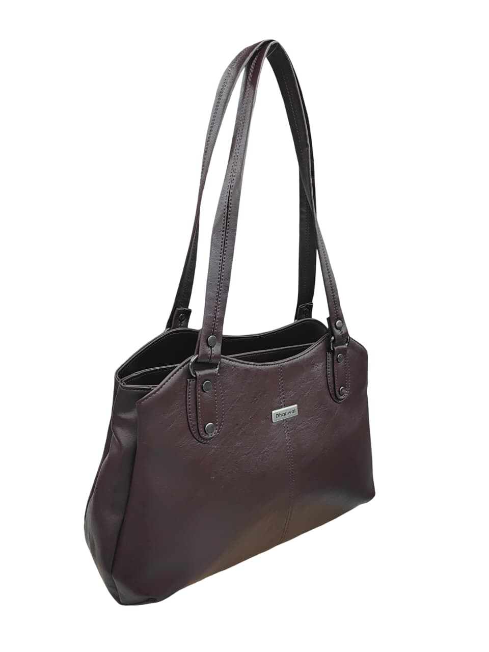 Dhariwal LAB-9917  Women’s Dark Brown Handbag – 3 Compartments with 2-in-1 Center Pocket, Back Chain Pocket, Twin Handles, Premium PU Leather-Dark Brown