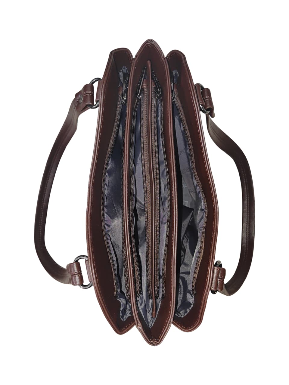 Dhariwal LAB-9917  Women’s Dark Brown Handbag – 3 Compartments with 2-in-1 Center Pocket, Back Chain Pocket, Twin Handles, Premium PU Leather-Dark Brown