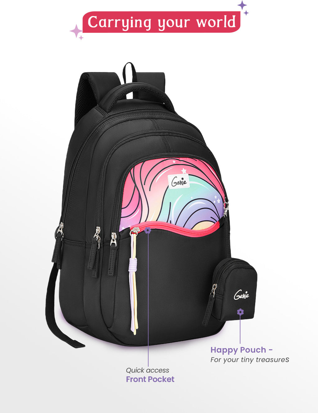 Genie Cluster School Backpack For Girls |17 Inch  27 L- Black