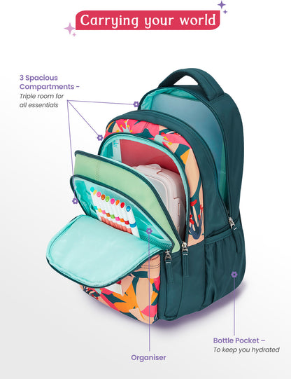Genie Auralis School Backpack For Girls |17 Inch 27 L- Dark Green