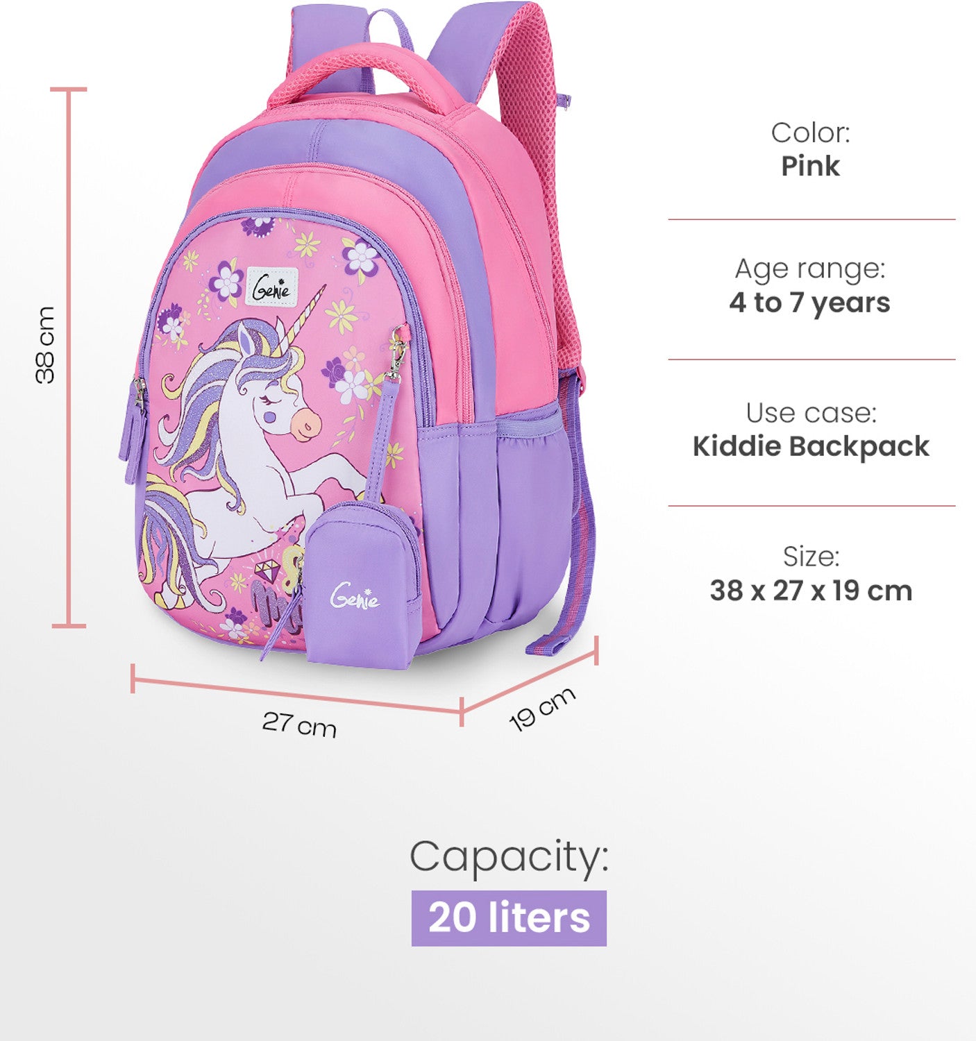 Genie 20 L Twinklecorn School Backpack For Girls |15 Inch - Pink