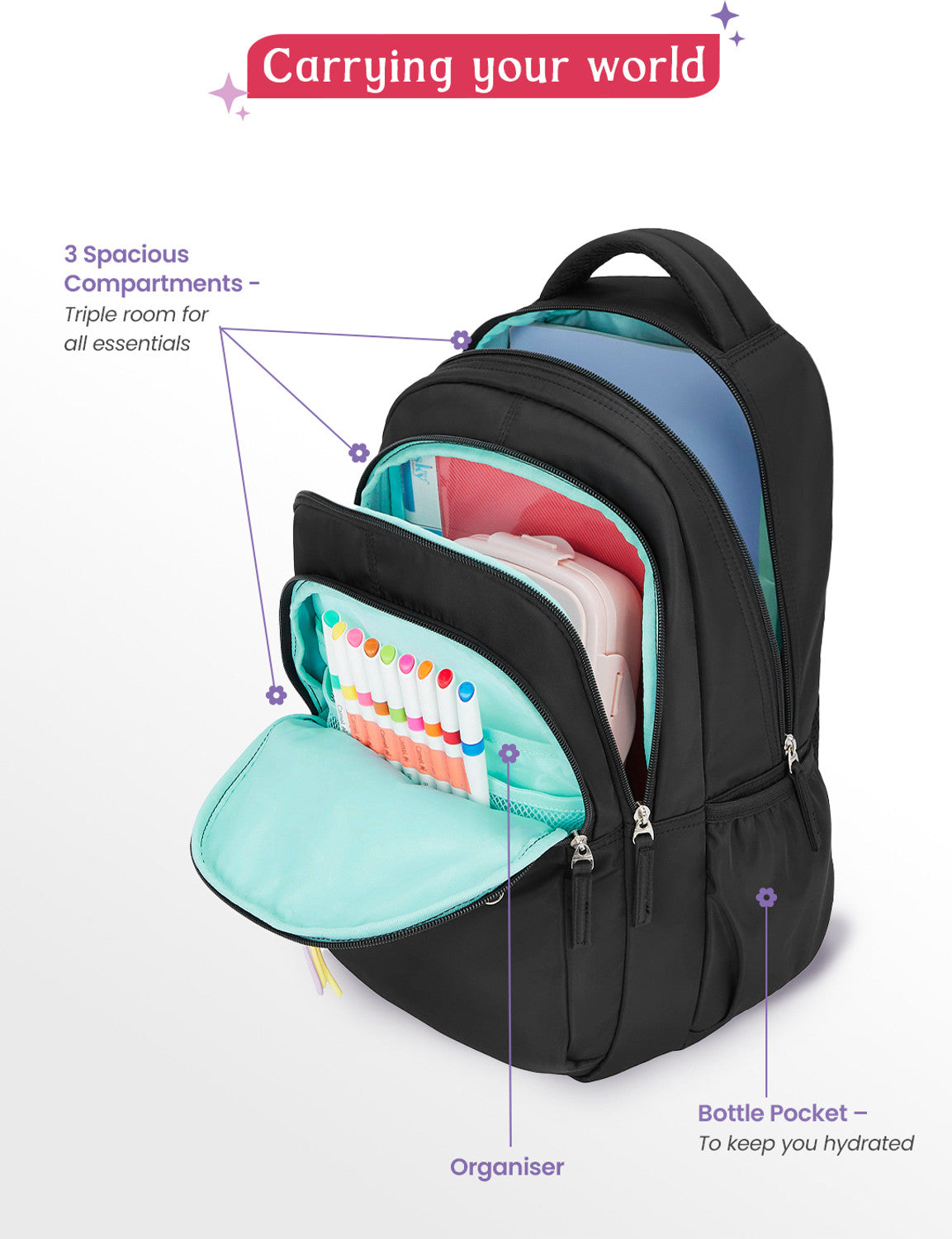 Genie Cluster School Backpack For Girls |17 Inch  27 L- Black