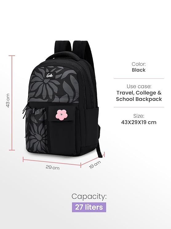 Genie Poetry School Backpack For Girls |17 Inch 27 L - Black